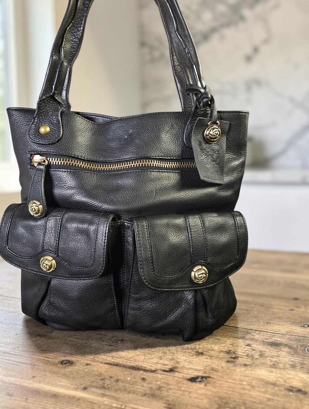 Rough Roses Multi Pocket Slouchy Leather Handbag- Black